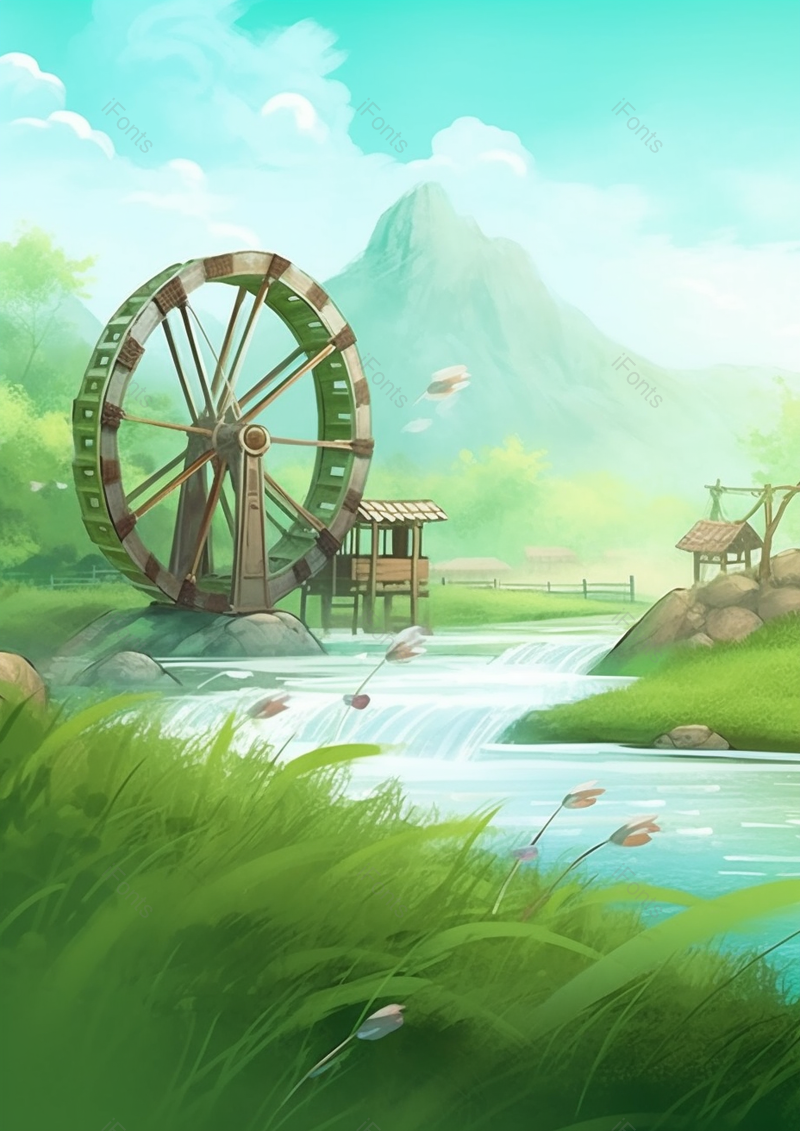二十四节气小满水车草地河畔木屋森林远山小溪流水绿色插画,插画/手绘图,插画/手绘图库,插画/手绘图下载,插画/手绘